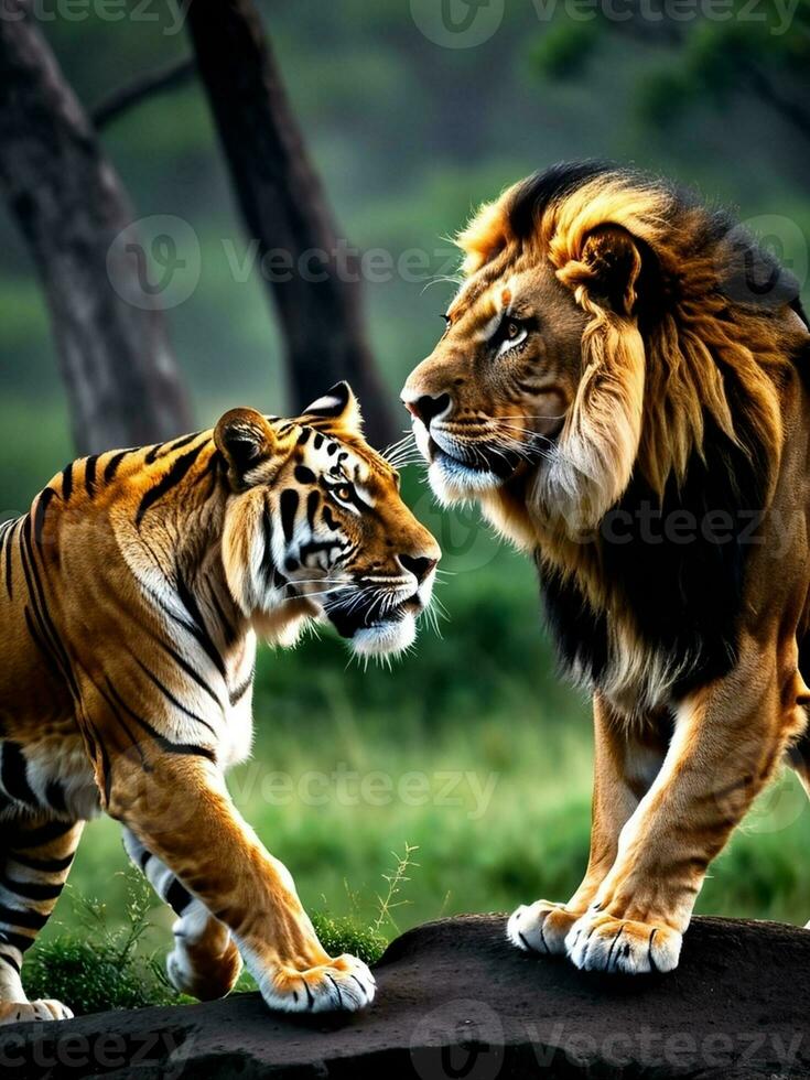 Majestic Lion and Tiger in the Wild by David Johnson. AI Generated. photo