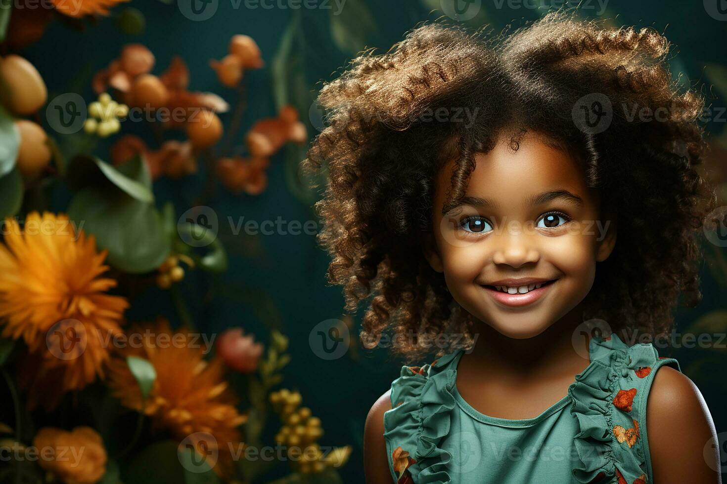 Ai generated studio portrait of cute little curly african girl on different colours background photo