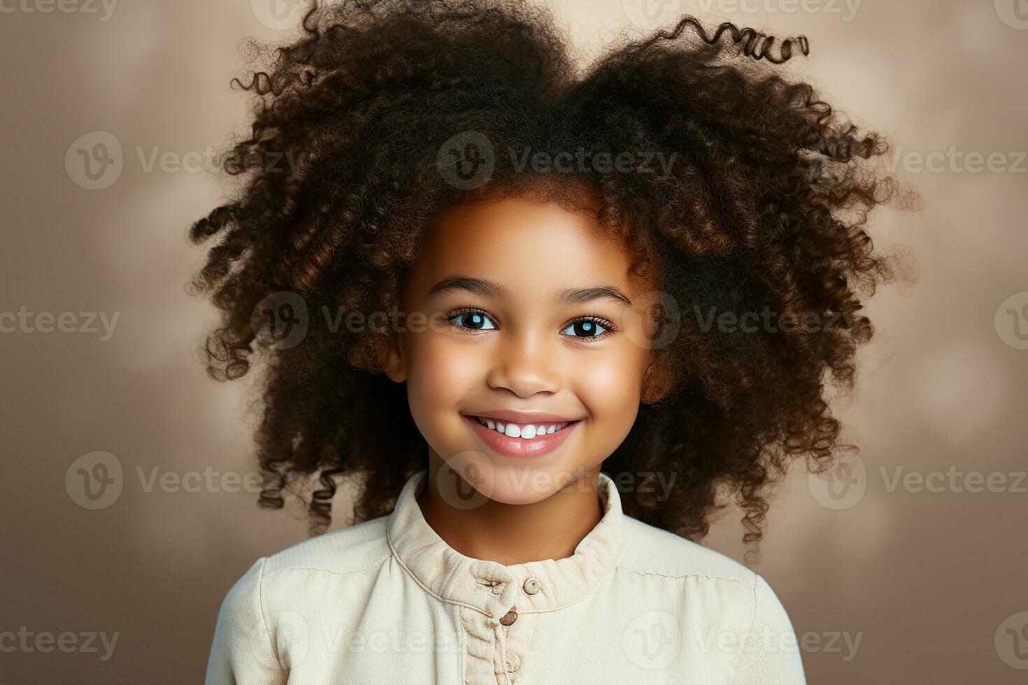 Ai generated studio portrait of cute little curly african girl on different colours background photo