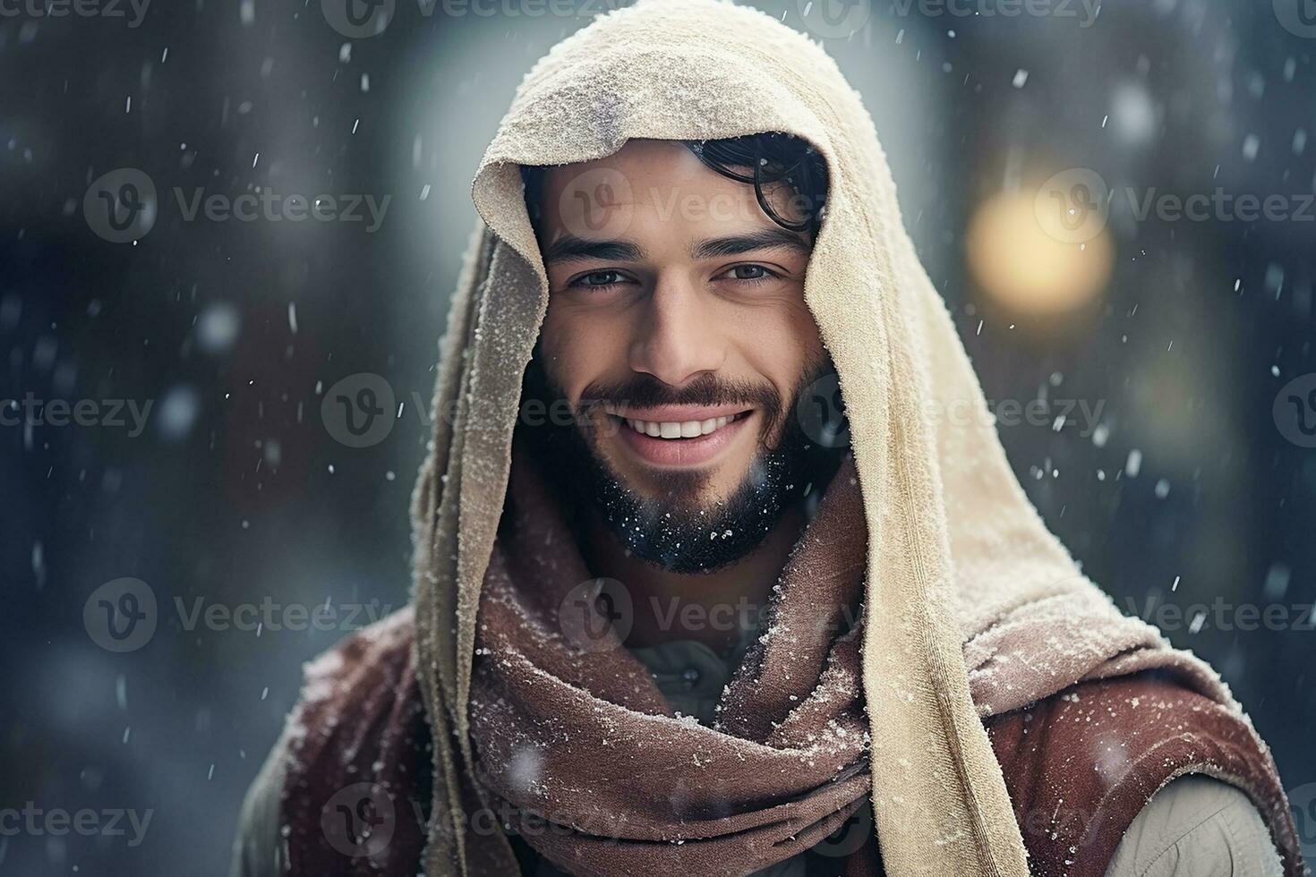Ai generated portrait of handsome smiling man standing under the snowing photo