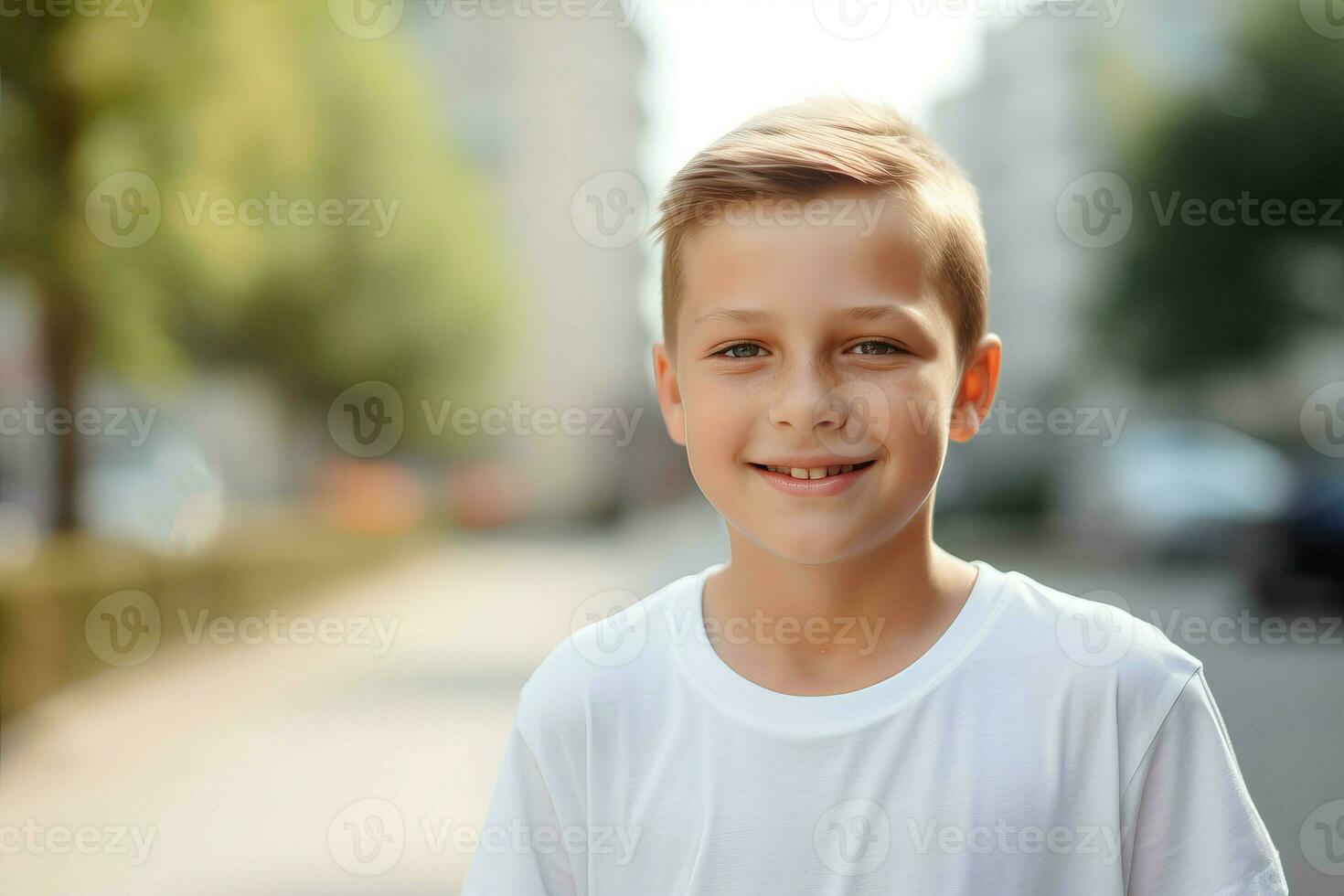 Smiling boy posing on street. Generate ai photo