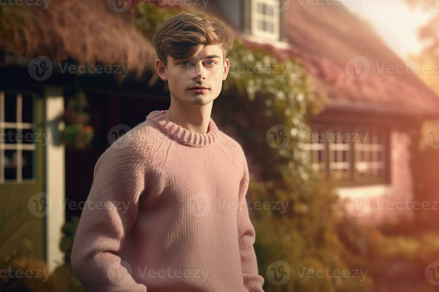 Man posing at country cottage. Generate ai photo