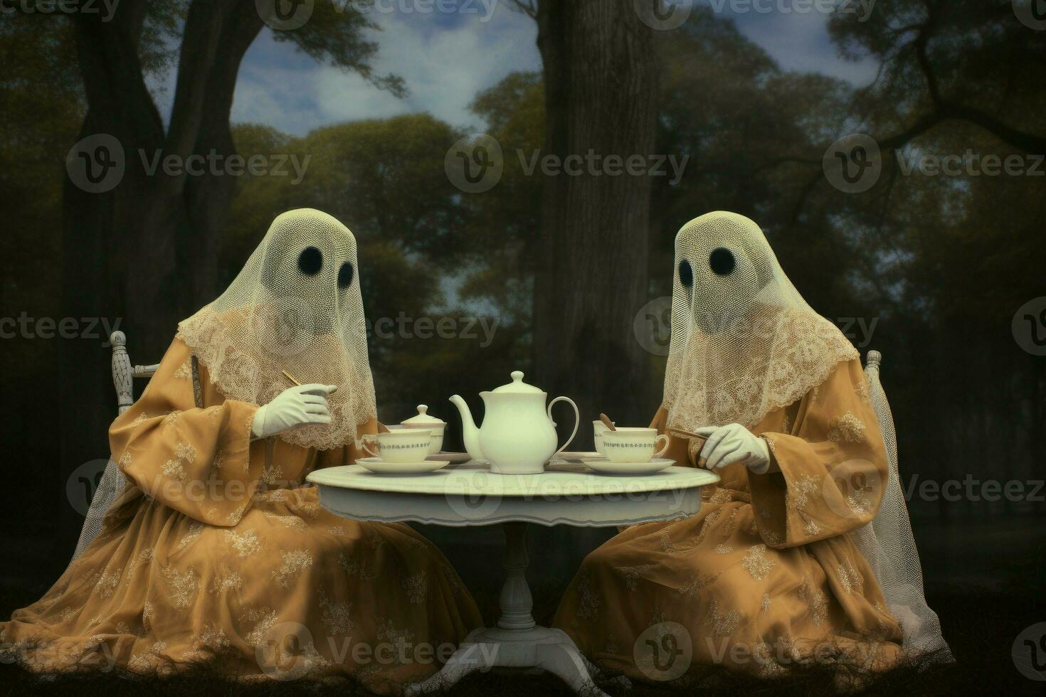 Atmospheric Ghosts take tea picnic house. Generate Ai photo