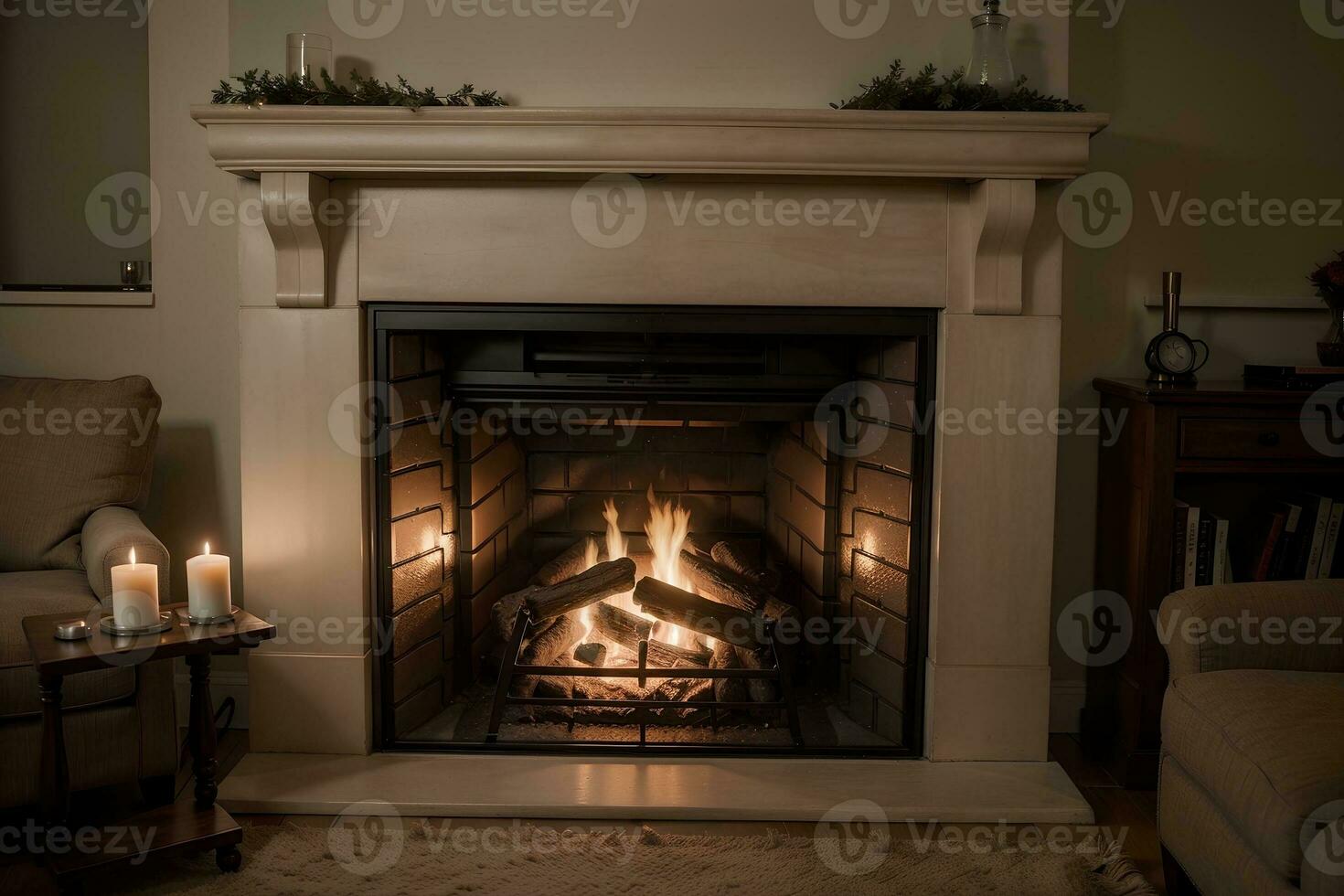 Fireside Bliss Embracing the Coziness of a Fireplace Setting. AI Generated. photo