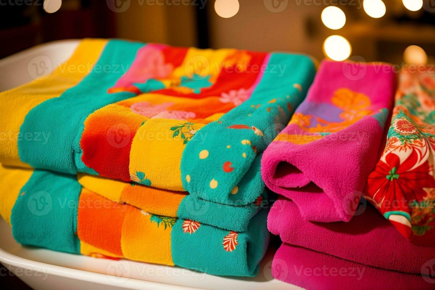 Vibrant Festive Bath Towels Bursting with Colorful Patterns and Designs. AI Generated. photo