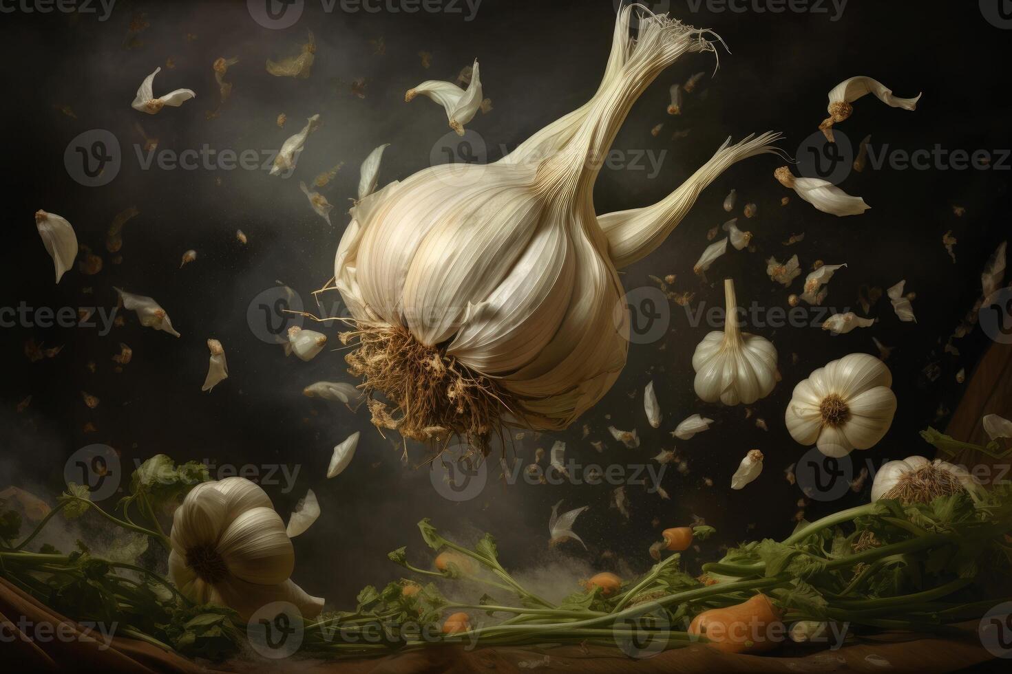Fragrant Garlic flying. Generate Ai photo