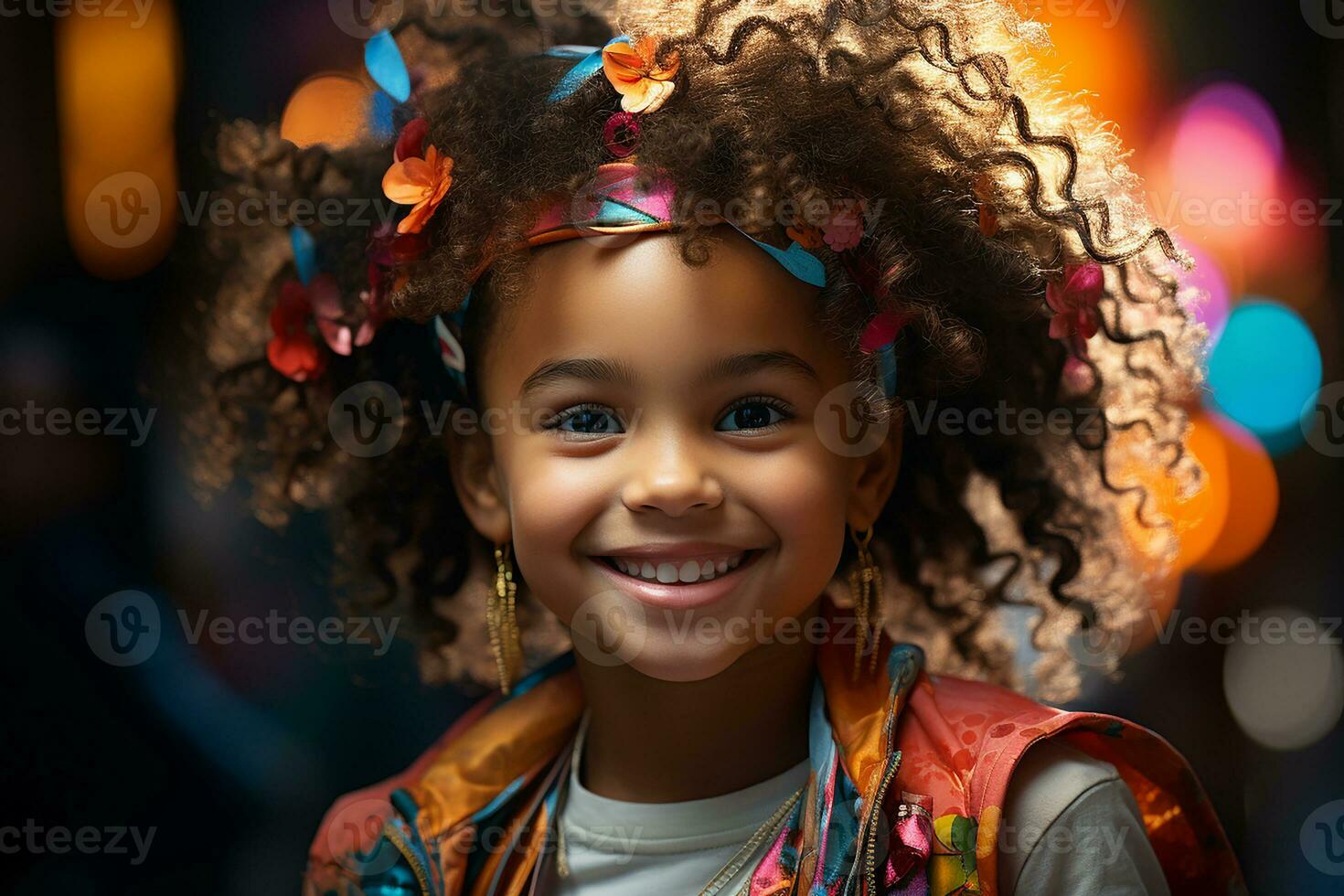 Ai generated studio portrait of cute little curly african girl on different colours background photo