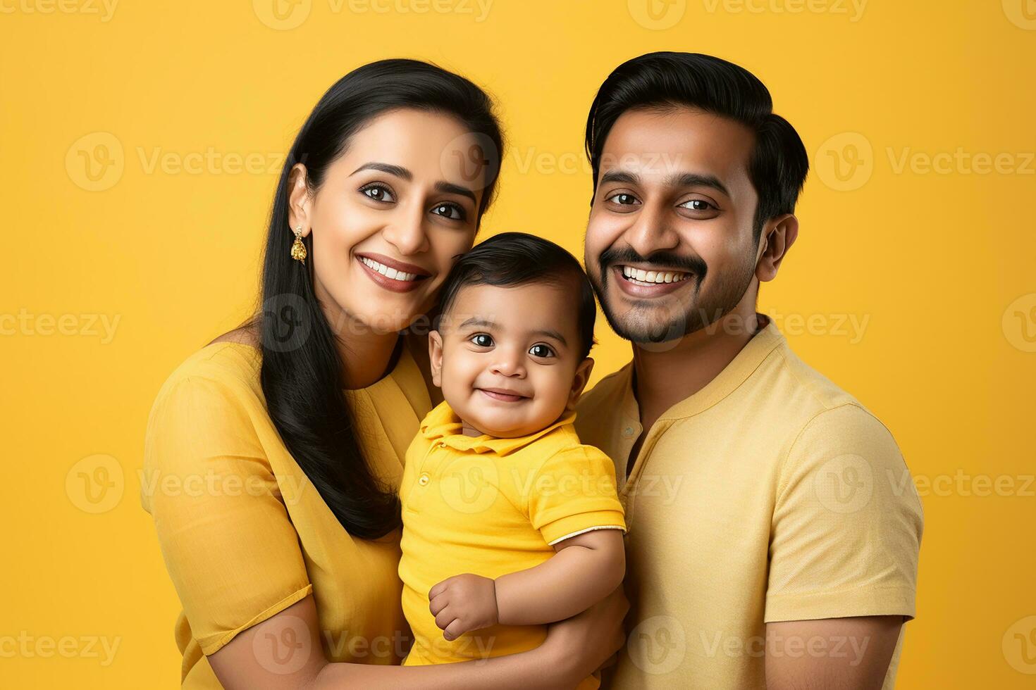 Ai generated Studio portrait of beautiful parents with infant baby holding on hands on different colours background photo