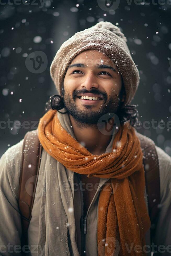 Ai generated portrait of handsome smiling man standing under the snowing photo