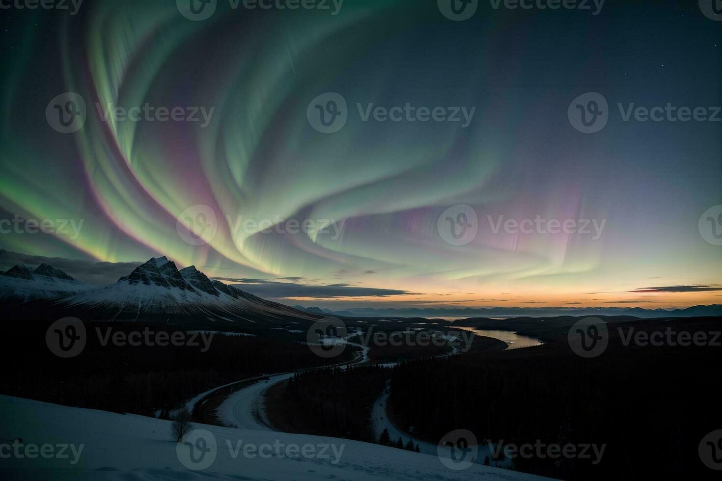 Celestial Spectacle Capturing the Mesmerizing Northern Lights. AI Generated. photo