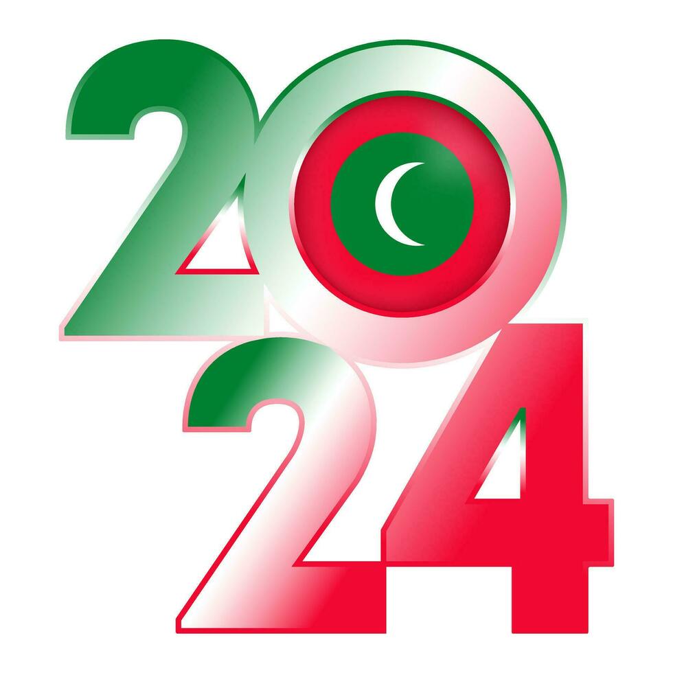 Happy New Year 2024 banner with Maldives flag inside. Vector illustration.