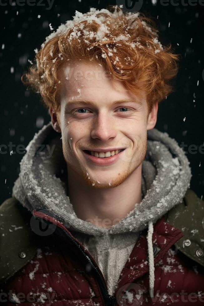 Ai generated portrait of beautiful smiling young ginger man standing under snowing photo