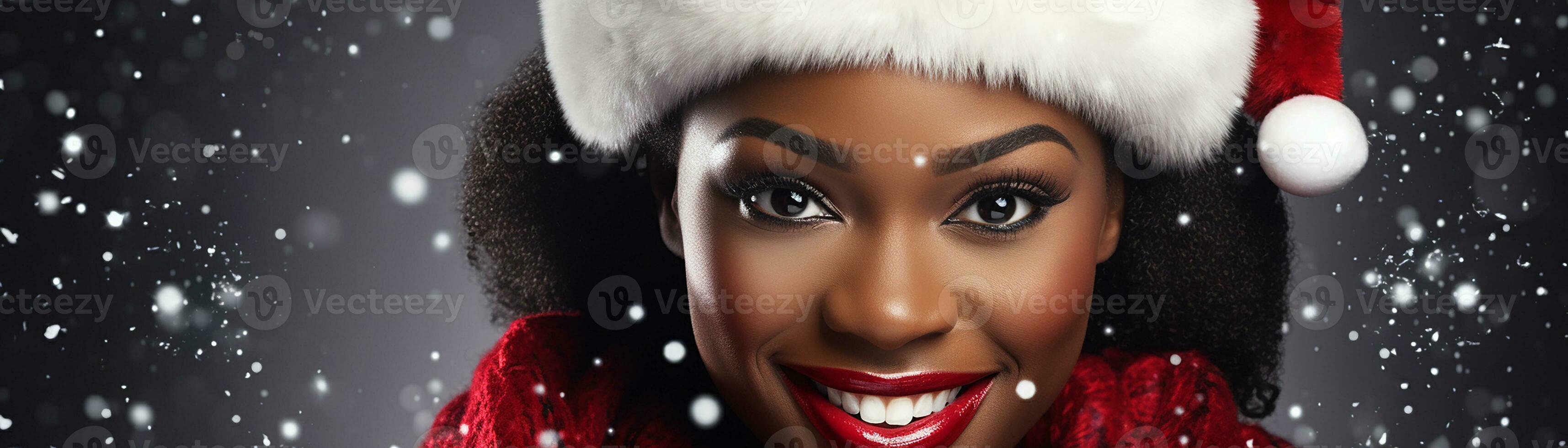 ai generado retrato de hermosa sonriente mujer en Papa Noel claus vistiendo foto