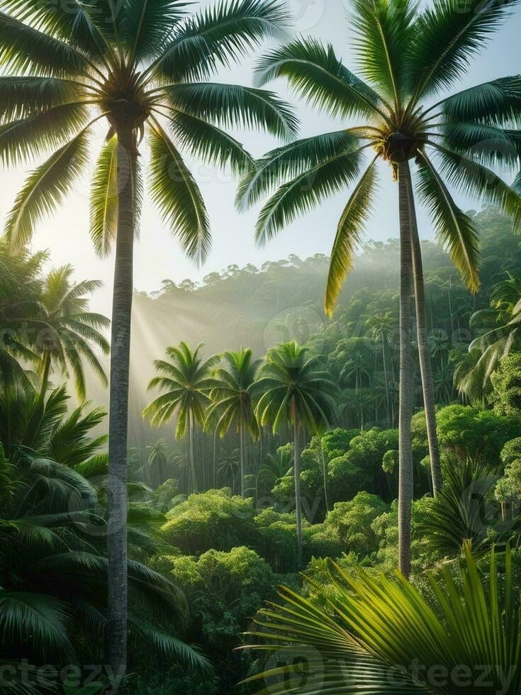 Enchanting Jungle Haven A Serene Forest with Majestic Palm Trees. AI Generated. photo