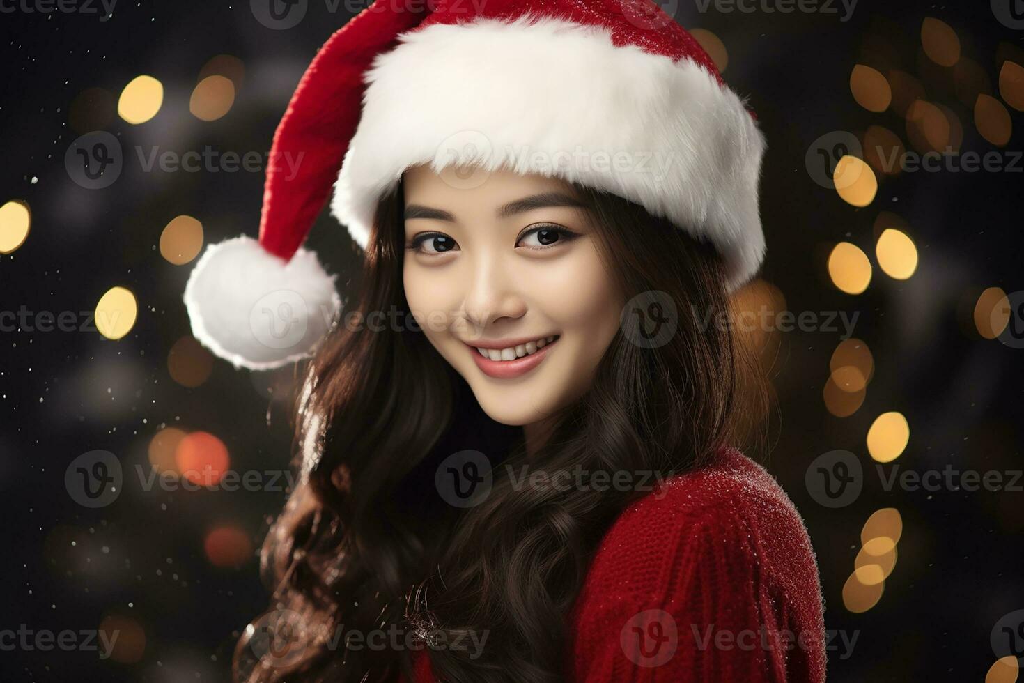 ai generado retrato de hermosa sonriente mujer en Papa Noel claus vistiendo foto