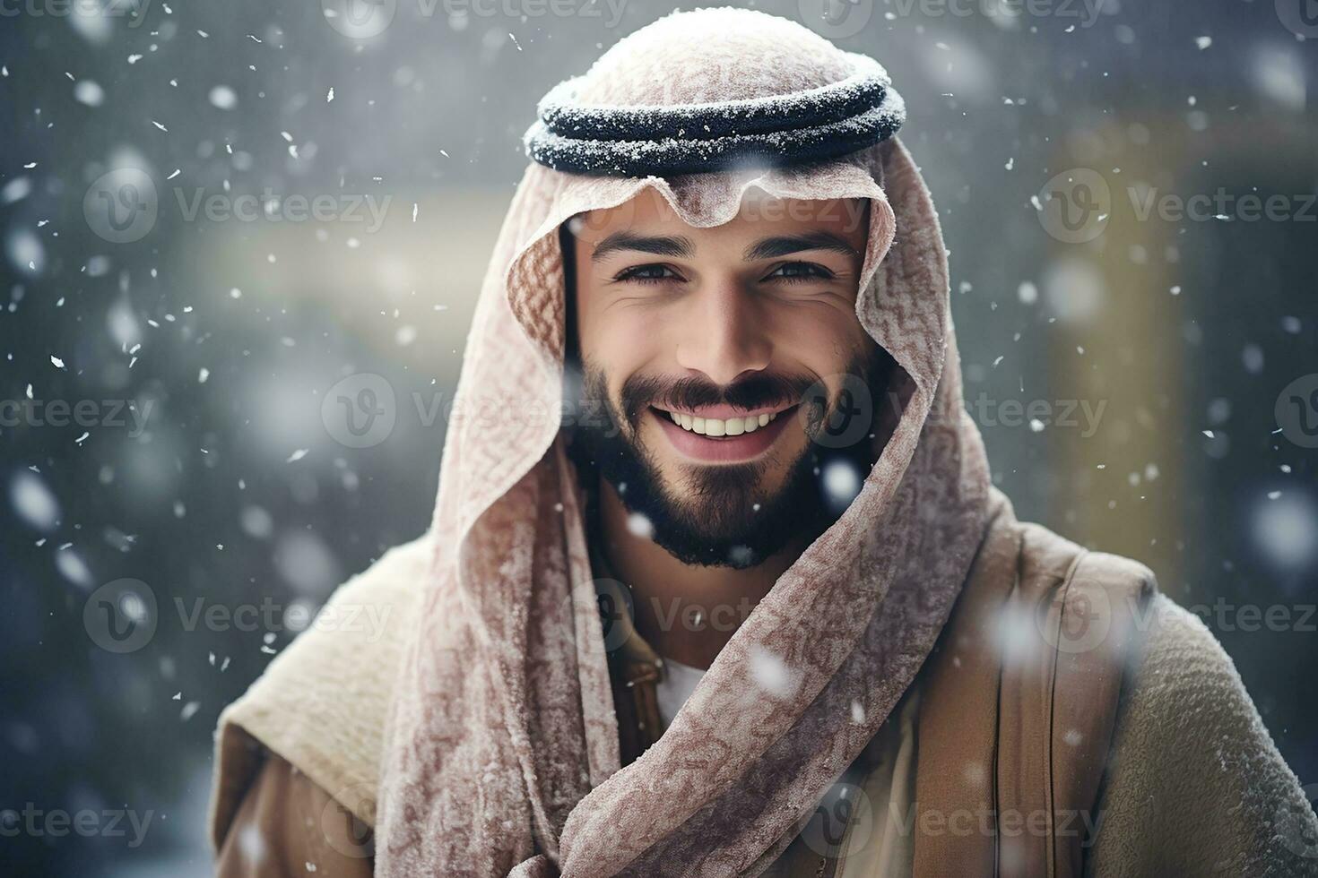 Ai generated portrait of handsome smiling man standing under the snowing photo
