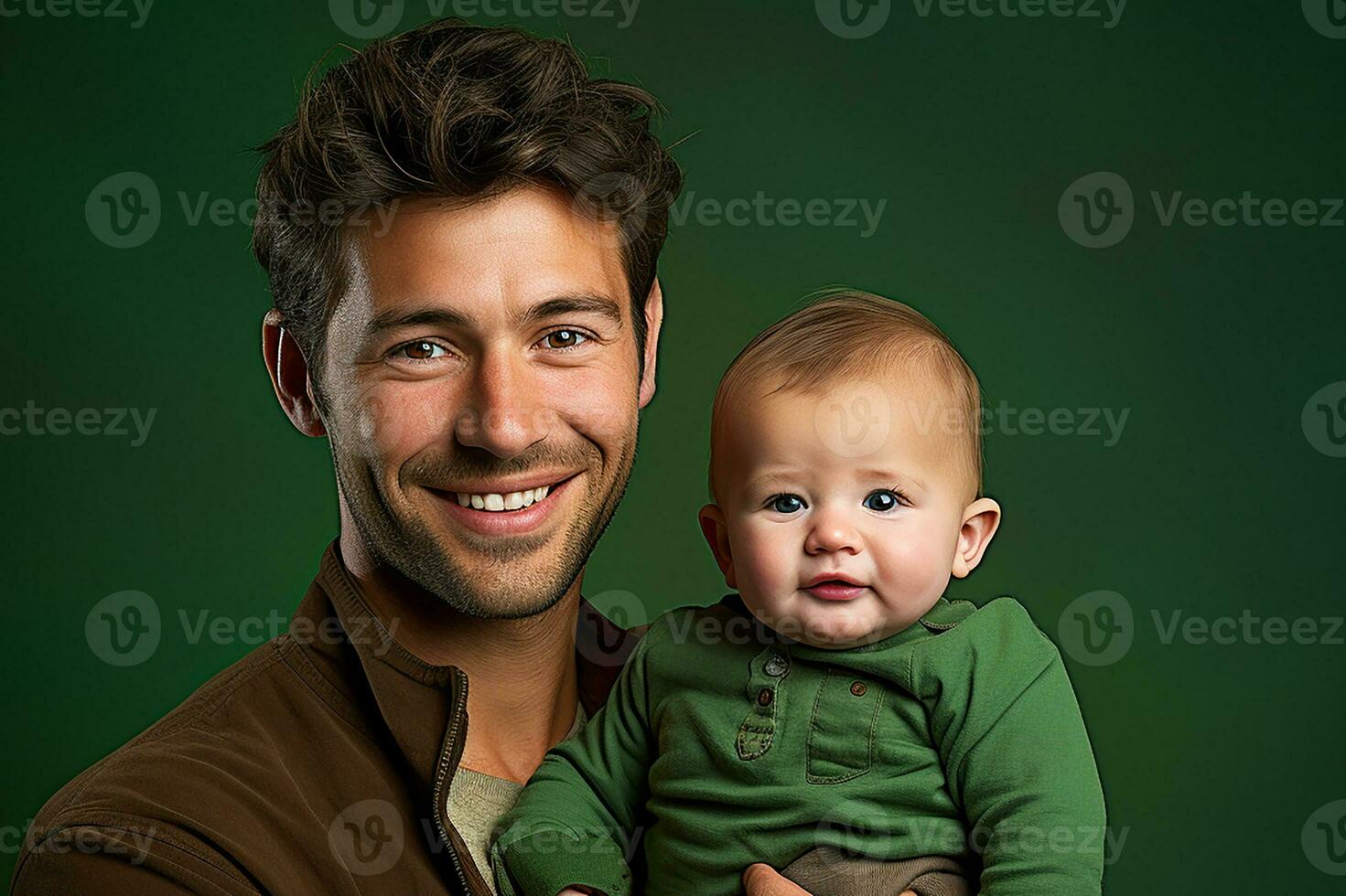Studio portrait of handsome man holding infant baby in his hands on different colour background photo