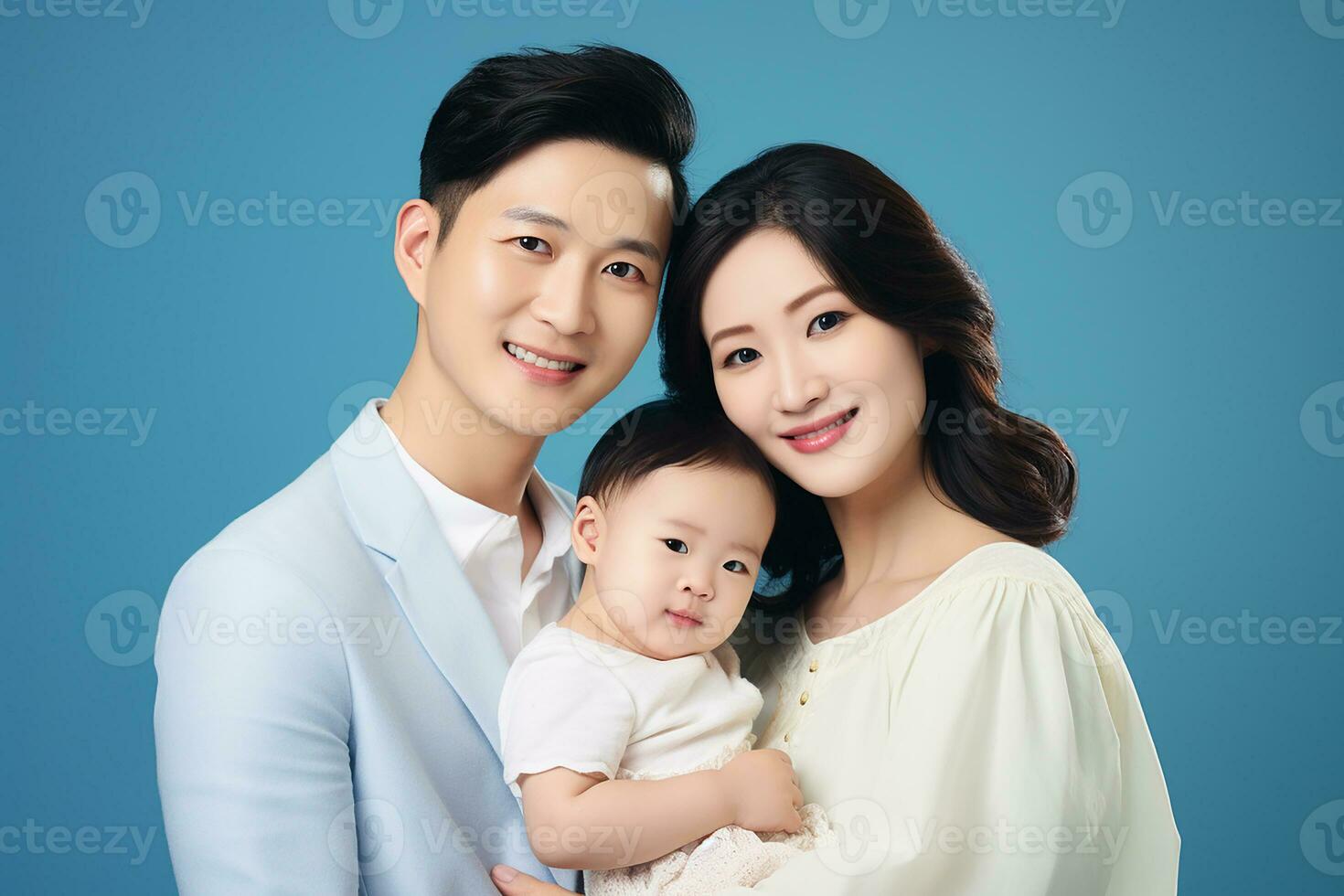 Ai generated Studio portrait of beautiful parents with infant baby holding on hands on different colours background photo