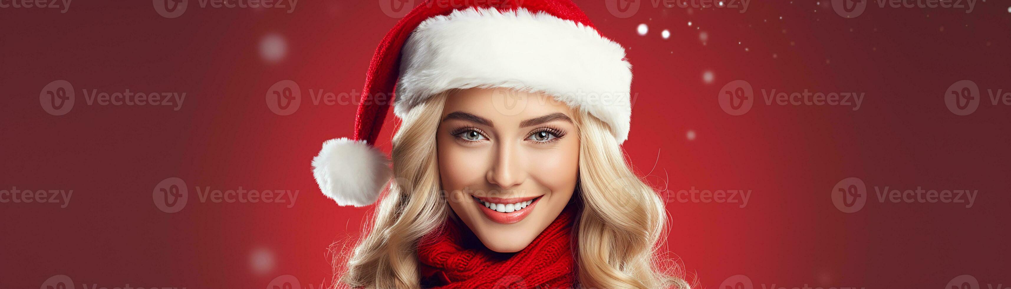 ai generado retrato de hermosa sonriente mujer en Papa Noel claus vistiendo foto