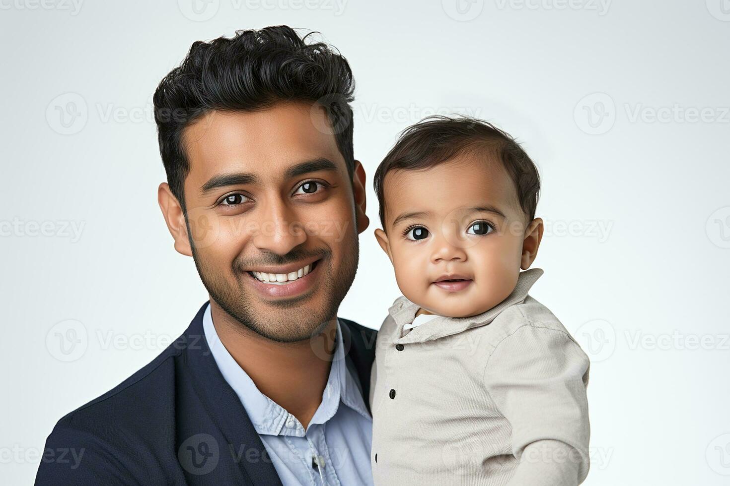 Studio portrait of handsome man holding infant baby in his hands on different colour background photo