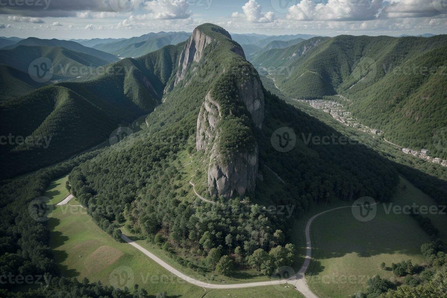 majestuoso montaña paisaje con lozano verde arboles ai generado. foto