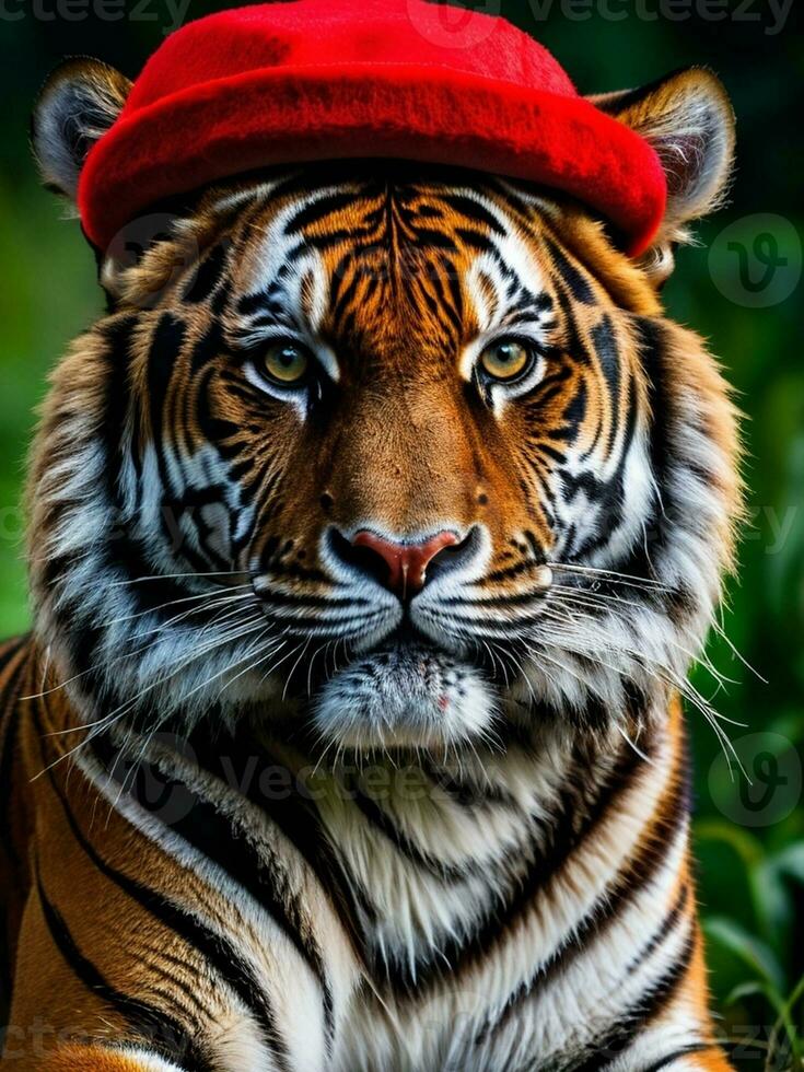 cautivador fauna silvestre un Tigre en un rojo sombrero. ai generado. foto