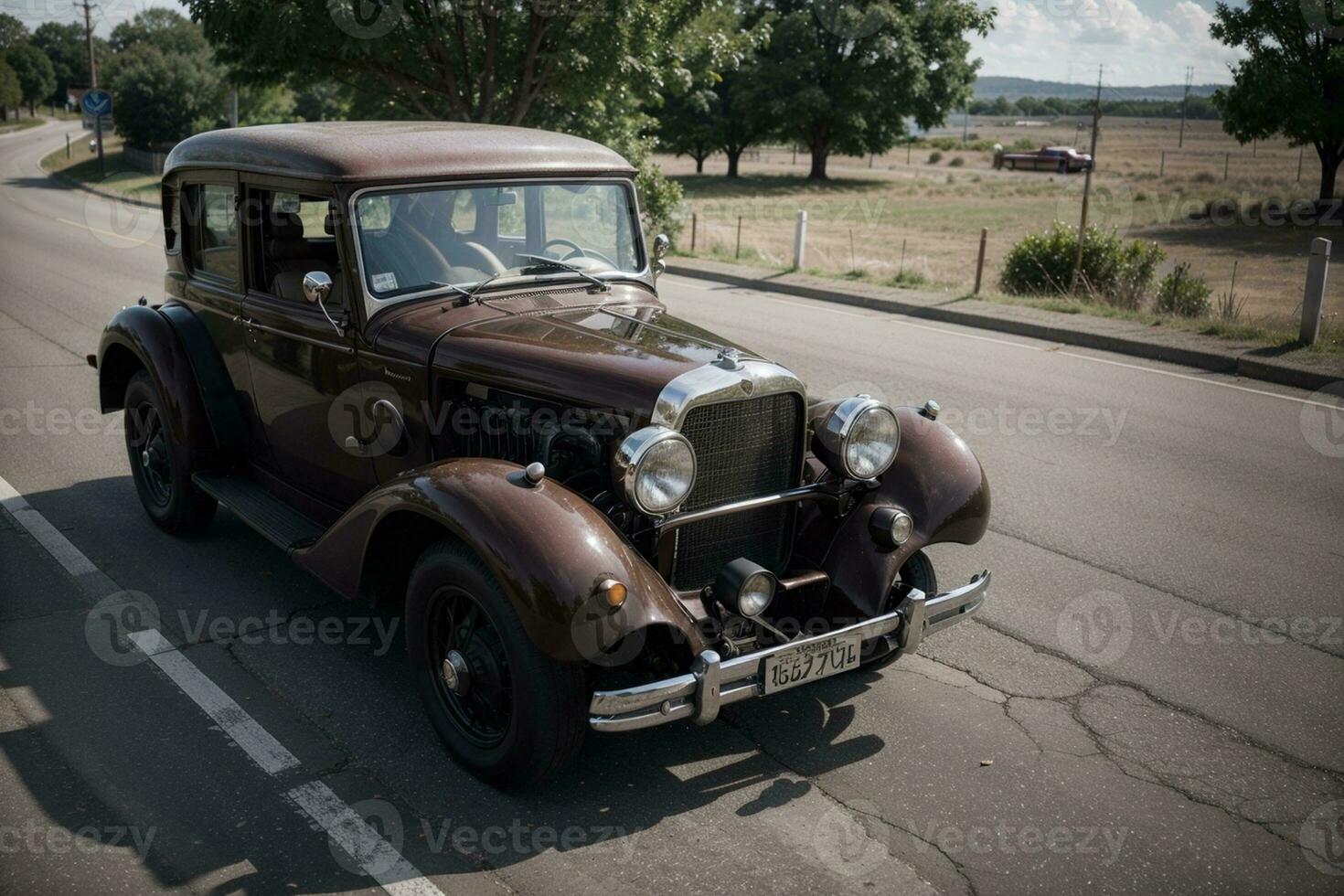 Vintage Car Adventure on the Open Road. AI Generated. photo