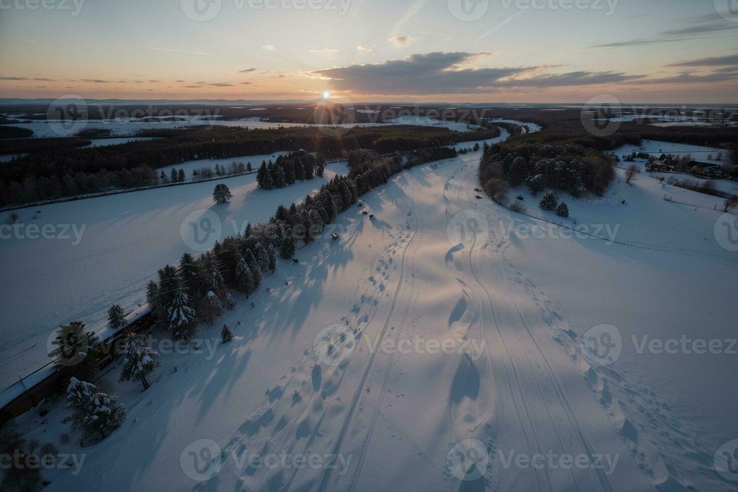 Aerial View of a Snowy Sunset in Nature. AI Generated. photo