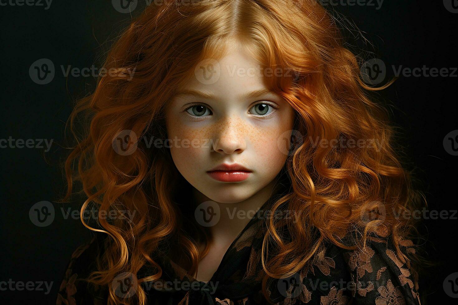 Ai generated studio portrait of cutle little curly ginger girl on different colours background photo