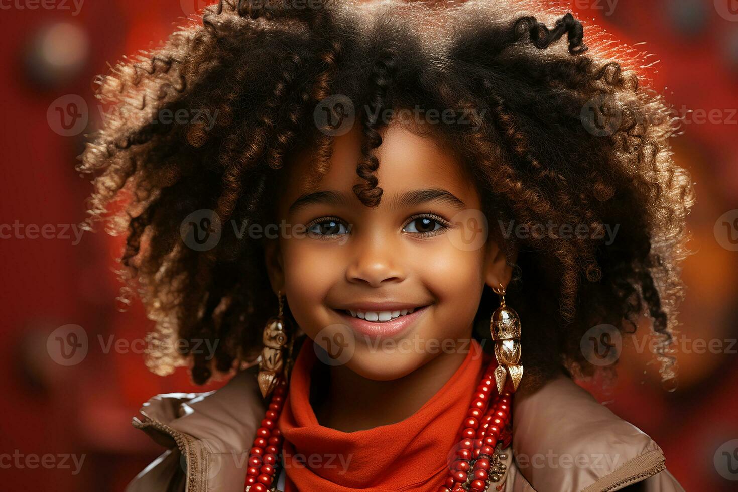 Ai generated studio portrait of cute little curly african girl on different colours background photo