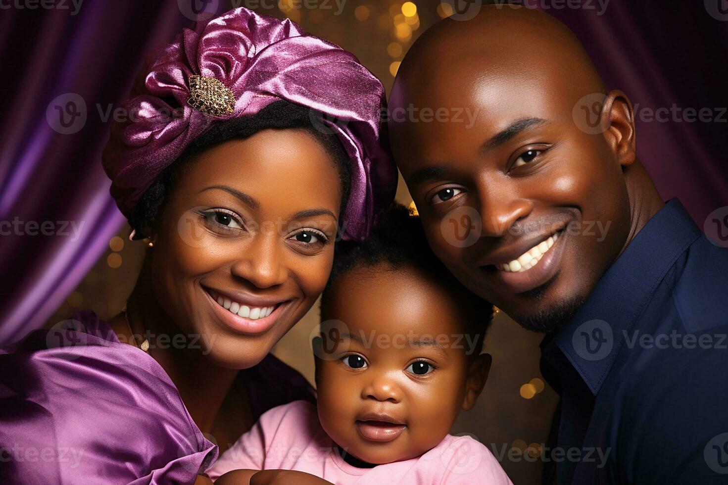 Ai generated Studio portrait of beautiful parents with infant baby holding on hands on different colours background photo