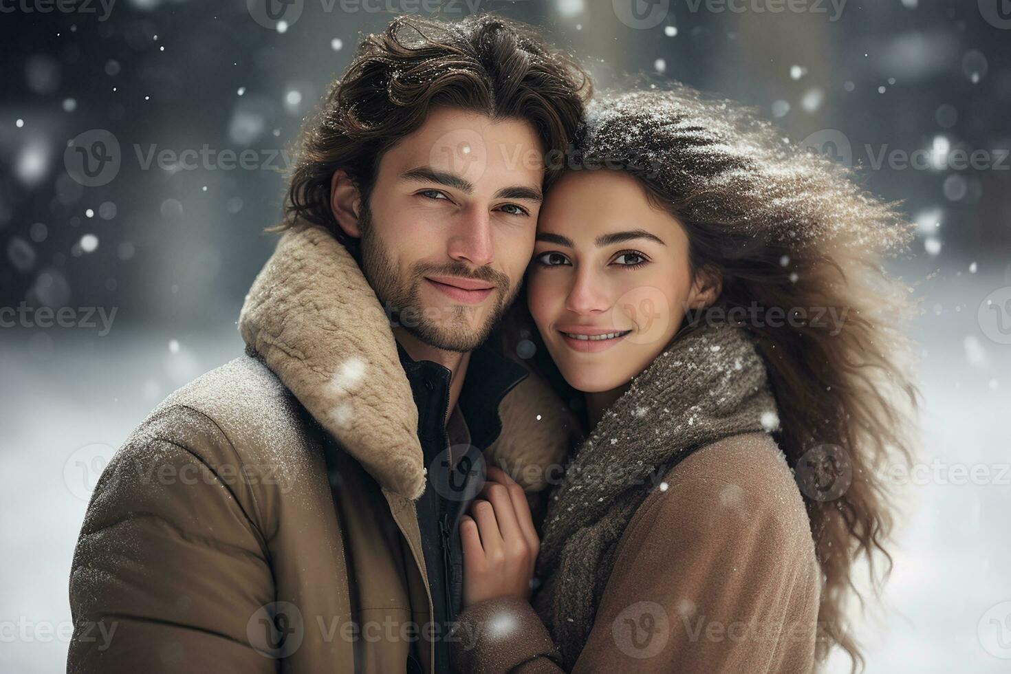 ai generado retrato de hermosa sonriente joven Pareja hombre y mujer en pie debajo nevando foto