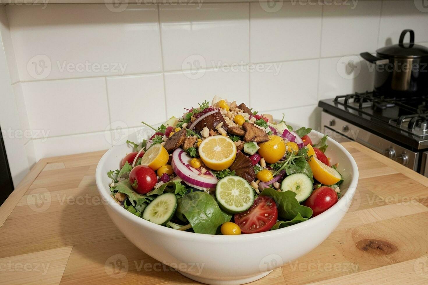 vibrante y nutritivo ensalada deleite en un moderno cocina. ai generado. foto