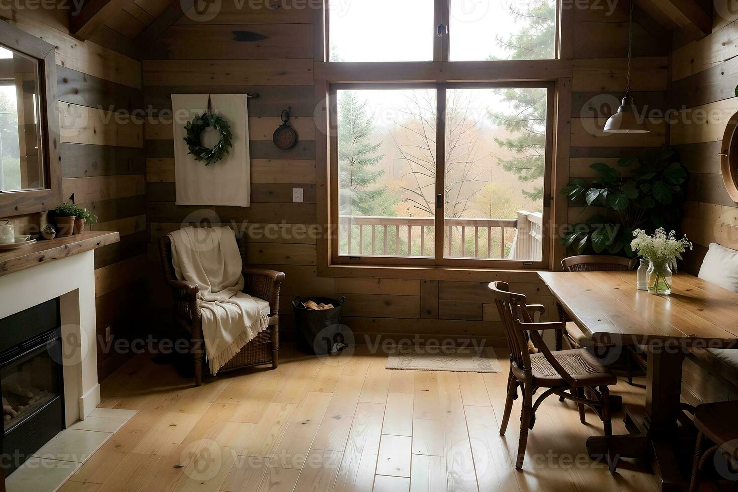 Rustic Charm Cozy Breakfast Nook Design Bathed in Natural Light. AI Generated. photo