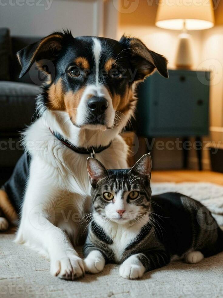 Unlikely Companions A Heartwarming Dog and Cat Cuddle. AI Generated. photo