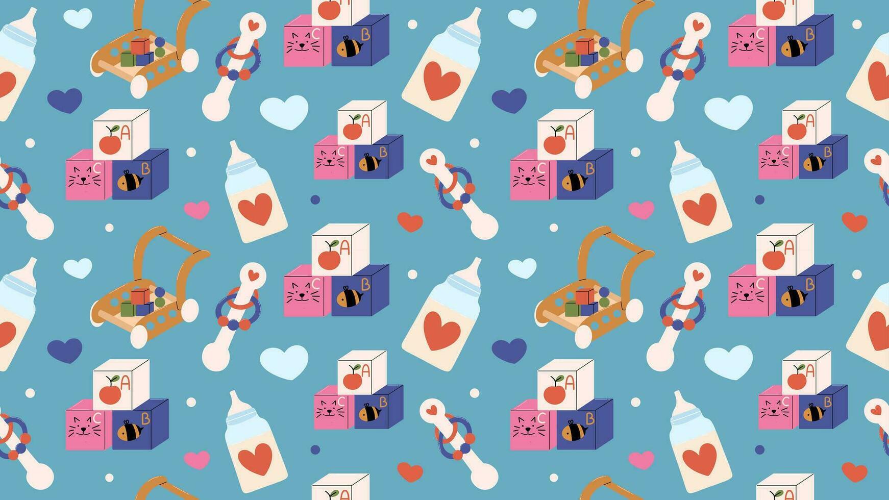 Baby seamless pattern with bottle, toys, rattle. Hand draw illustration vector