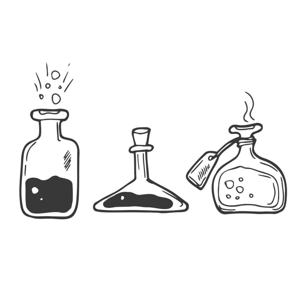 Set of magic potions, tubes and bottles. Doodle style sketch. vector