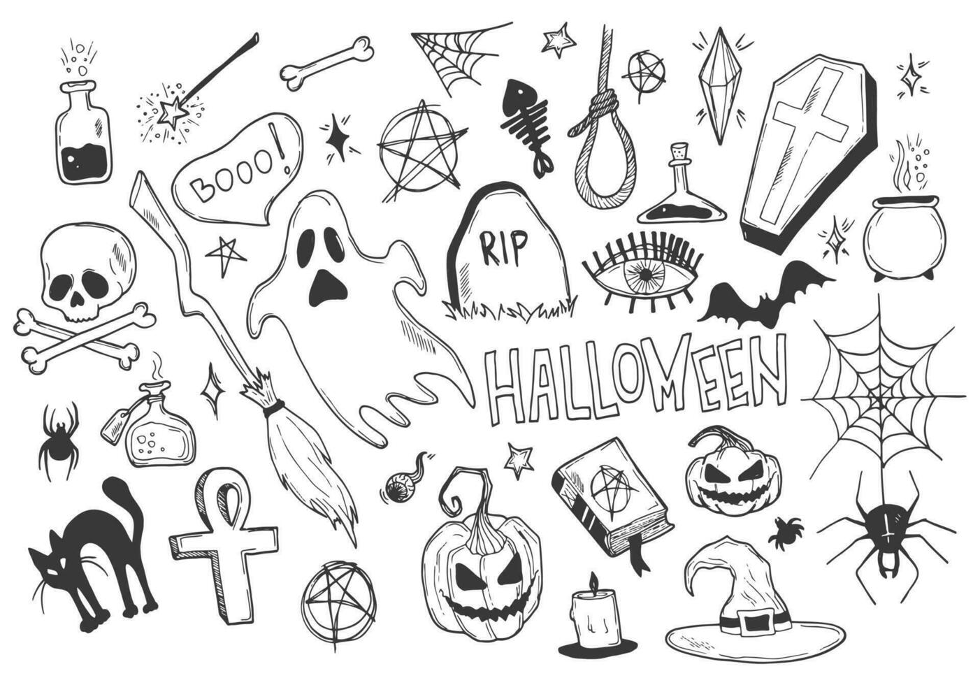 Happy halloween. Big set of horror hand drawn doodle. Collection halloween and magic elements. Pumpkins, ghost, skull, cemetery, black cat, magic cauldron, pot, hat, broom vector