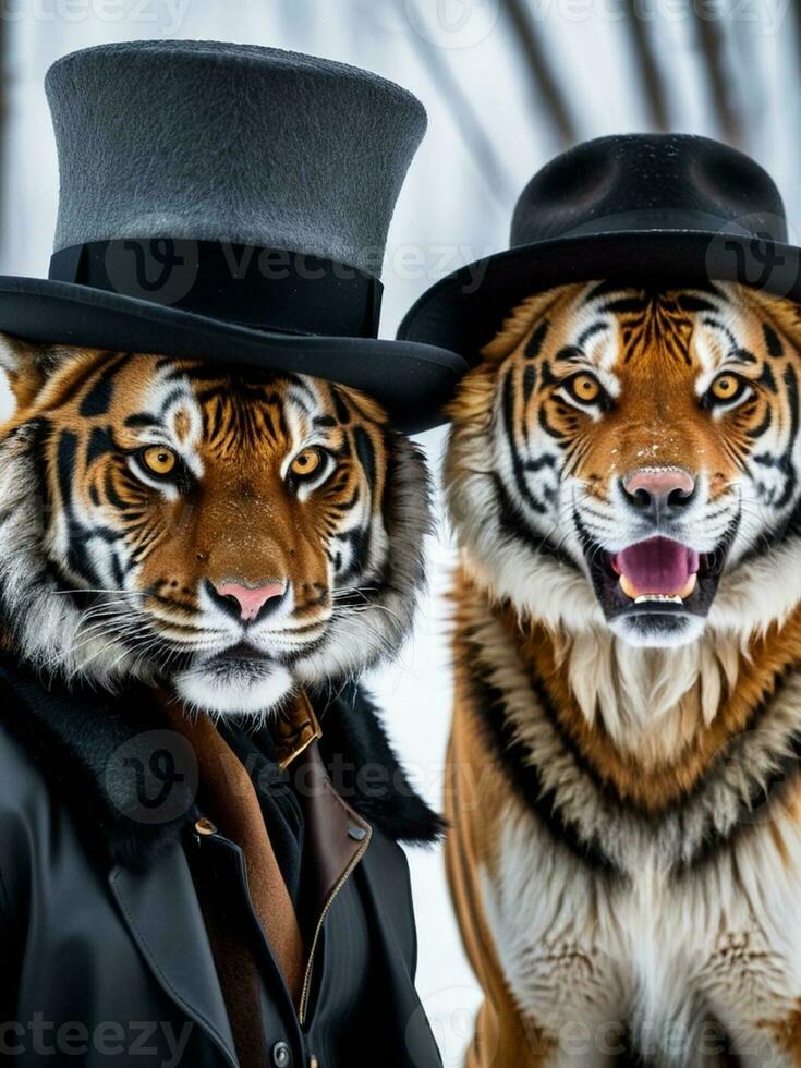 feroz Tigre y misterioso lobo en elegante sombreros y trajes ai generado. foto