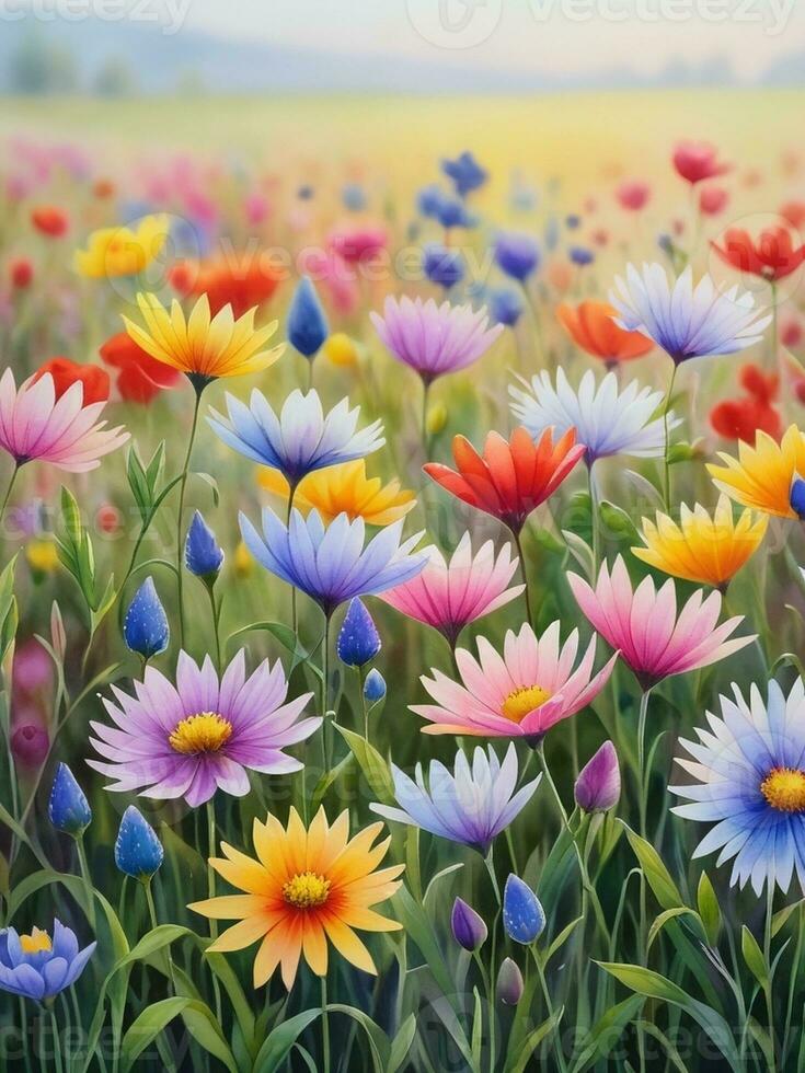 Delicate Watercolor Flowers in a Vibrant Field. AI Generated. photo