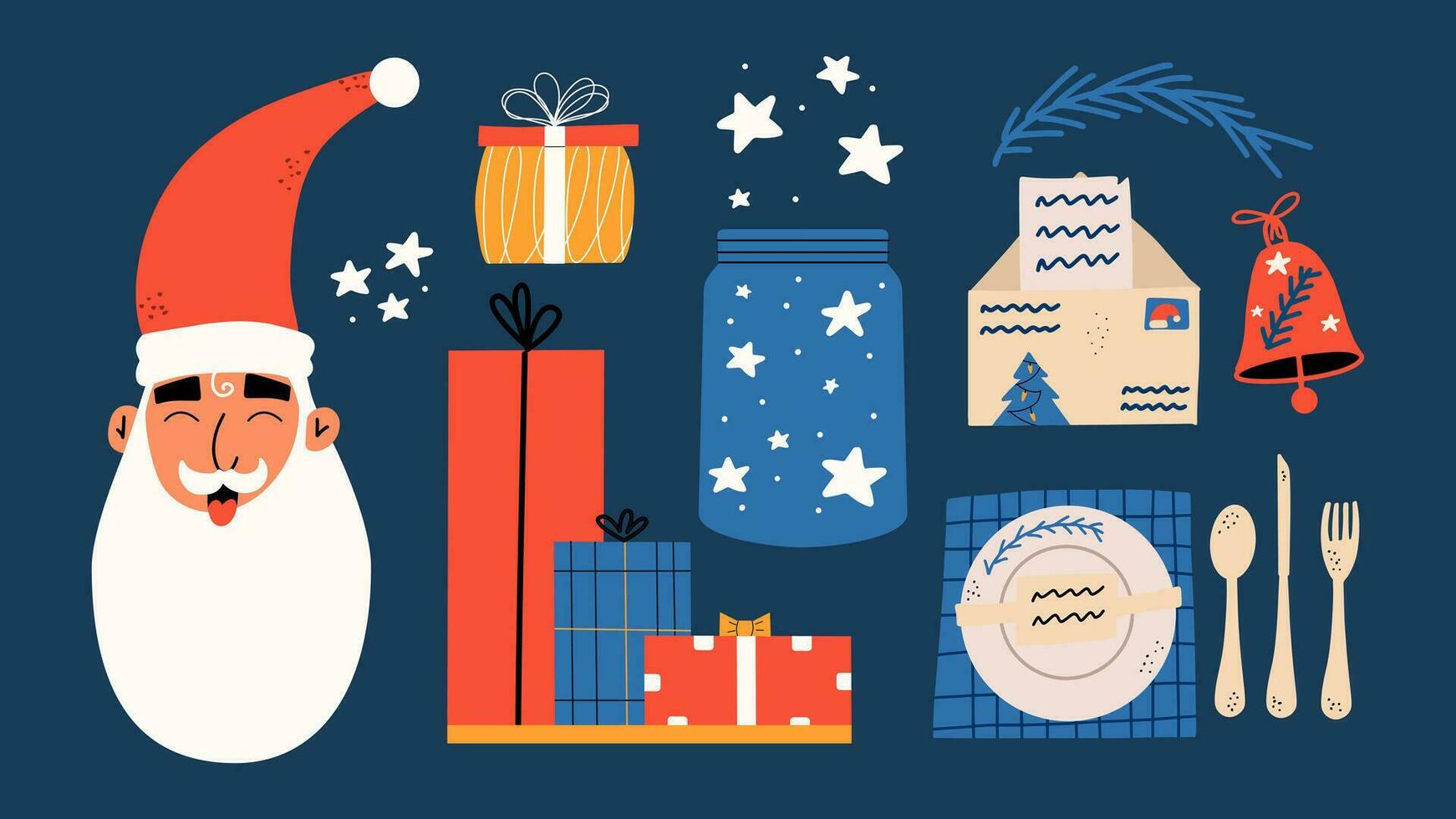 Christmas set. Santa, table setting, gift boxes, bell, jar with stars. Hand draw illustration vector
