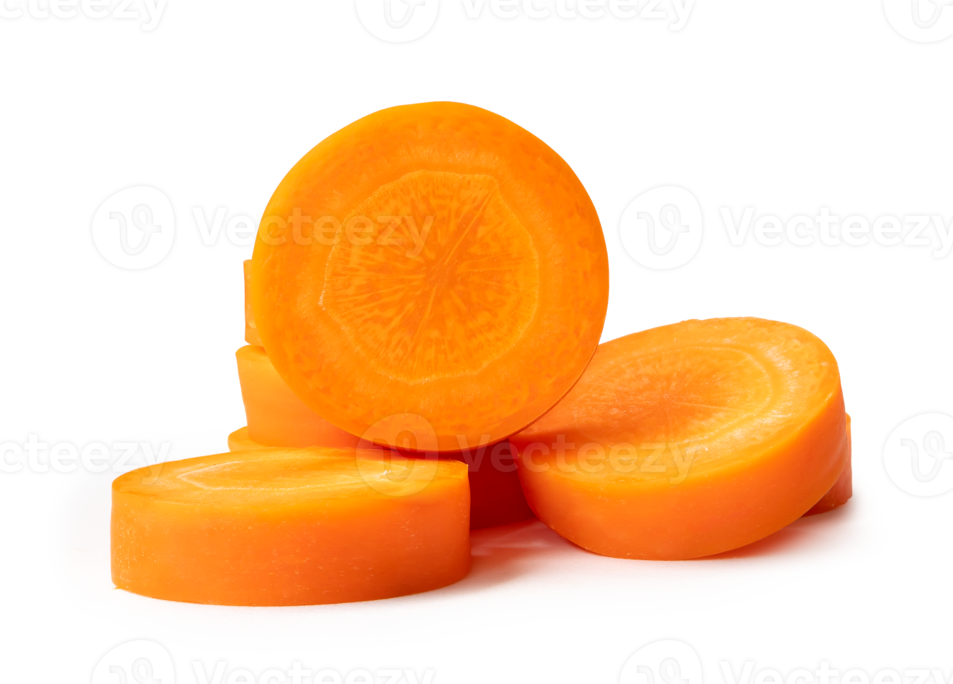 Fresh beautiful carrot slices in stack isolated with clipping path and shadow in png file format. Front view.