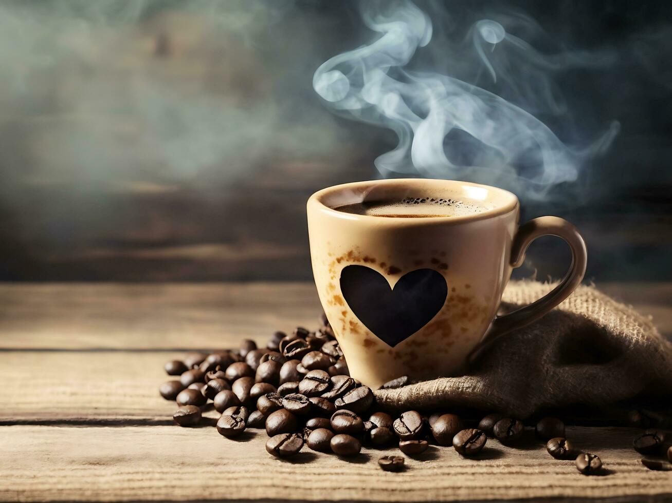 Cup of coffee with a pile of coffee beans. generative ai photo