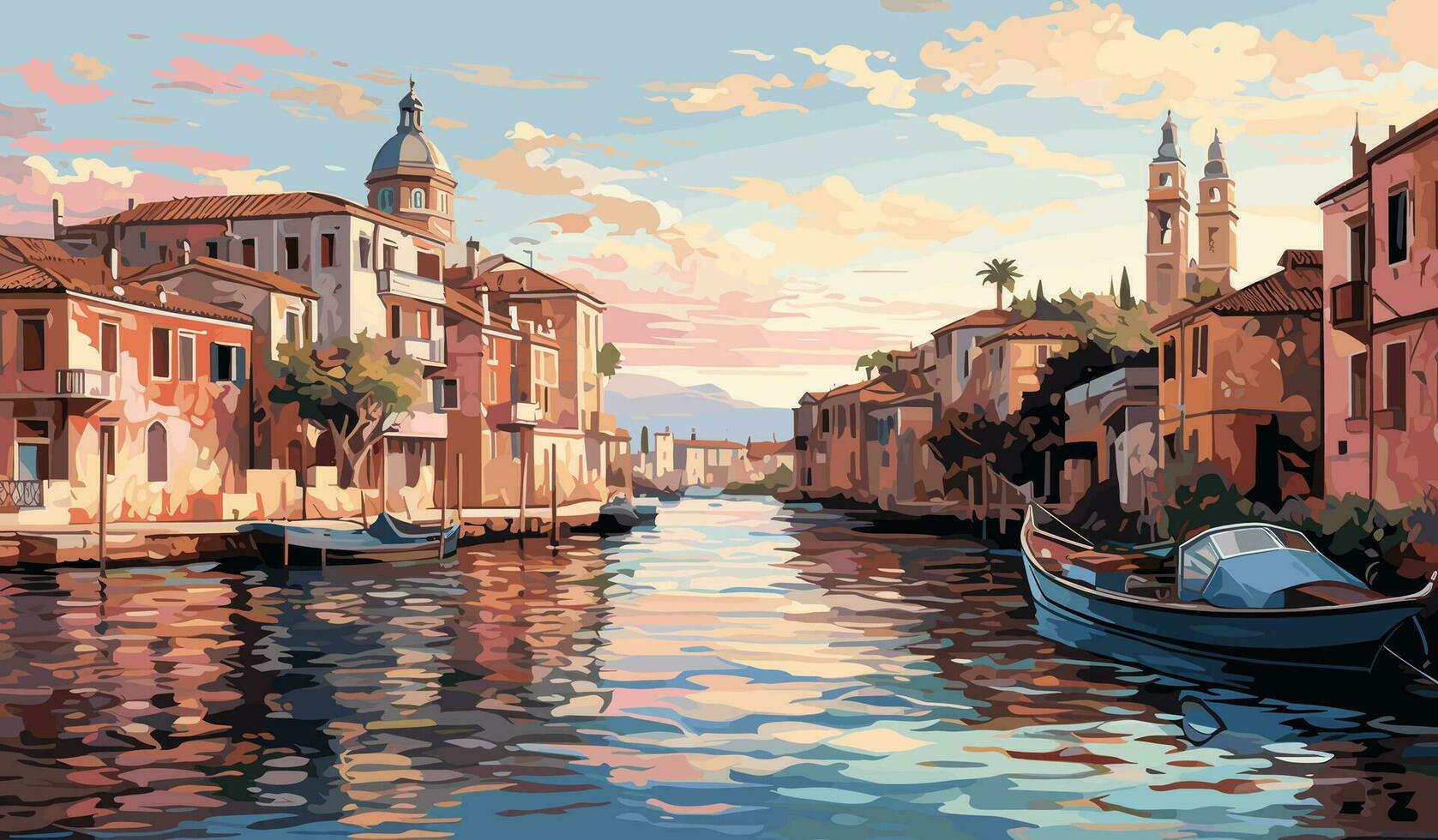 Hand drawn landscape of Venice city with canal. vector