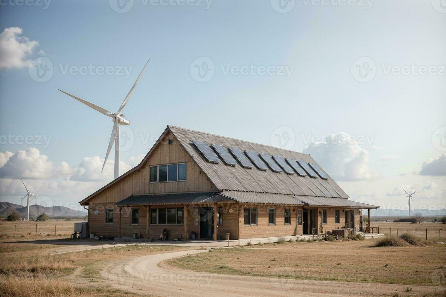 A Sustainable Vision Vintage Watercolor of Solar and Wind Energy Building. AI Generated. photo