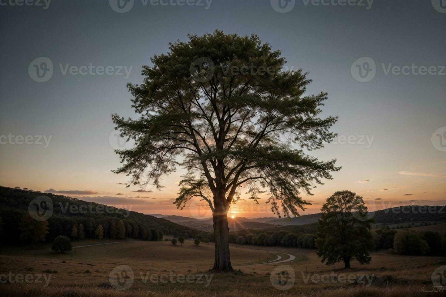 Witness the Serene Majesty of a Tree Against a Sunset Sky. AI Generated. photo