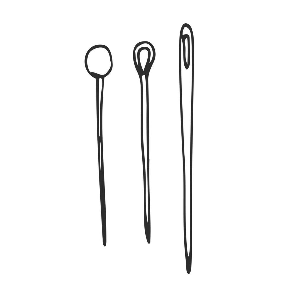 Set of hand drawn line sketches of needles for tailors, sewers isolated on white bg in doodle style vector