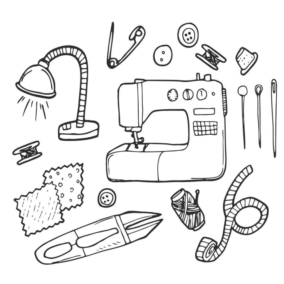 Vector graphic set of hand drawn sewing tools. Sewing kit illustration. Beautiful design elements.