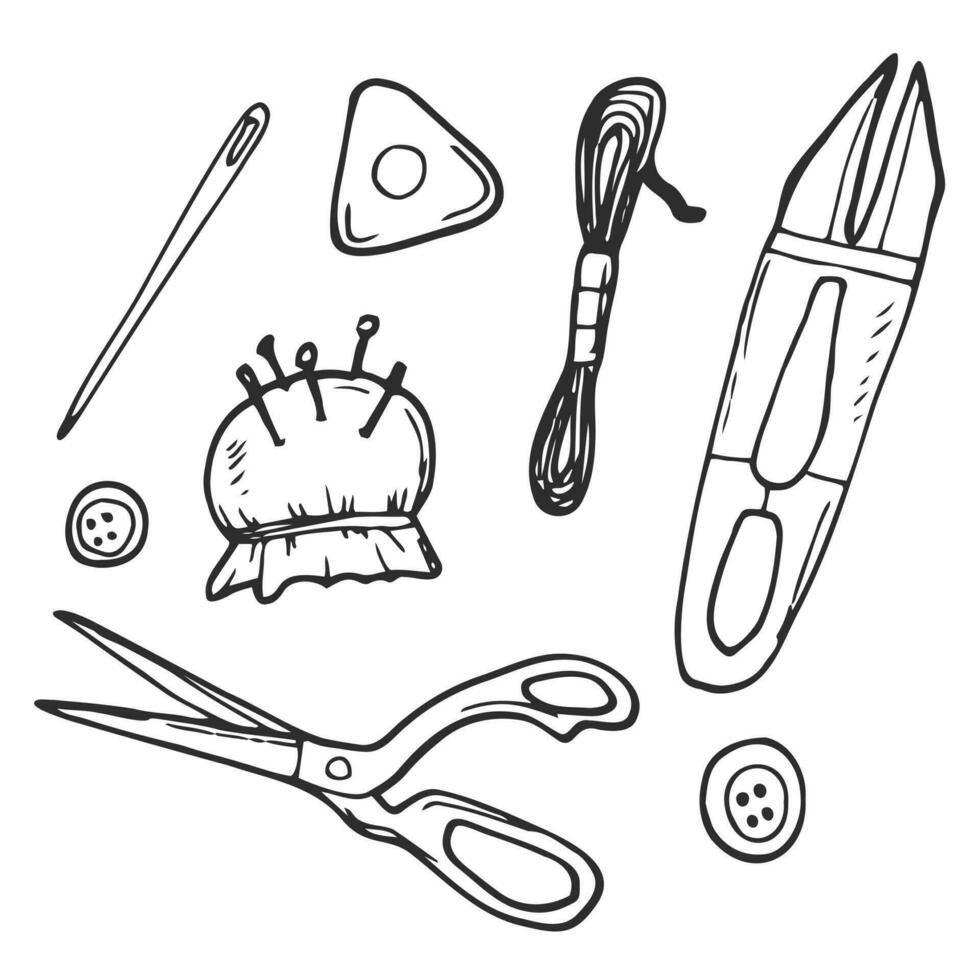 Sewing set. Free hand drawing, sketch style line icons vector