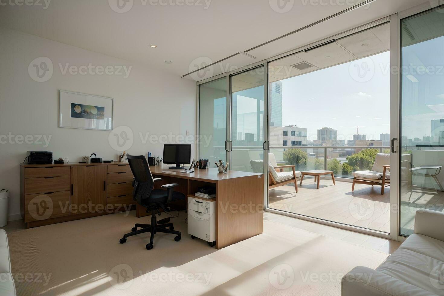 Sleek and Stylish A Modern Office Space Bathed in Natural Light. AI Generated. photo